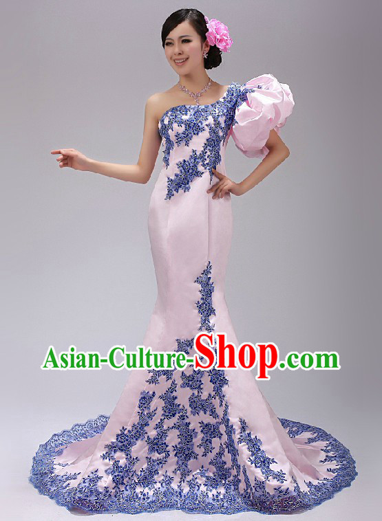 Chinese Elegant Pink Evening Dress with Fish Bottom Tail