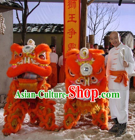 Orange Long Wool Lion Dance Mask Costumes Complete Set