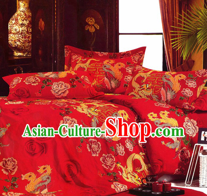 Chinese Classical Dragon and Phoenix Wedding Sheet Four Pieces Wedding Set