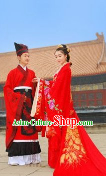 Ancient Chinese Golden Phoenix Hanfu Wedding Dresses Two Complete Sets for Men and Women