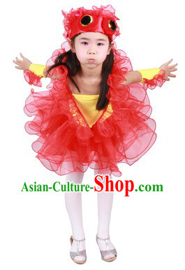 Chinese Traditional Goldfish Dance Costume and Headwear for Kids