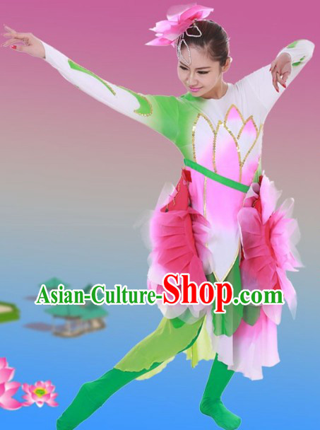 Traditional Chinese Lotus Dance Costumes and Headwear for Women
