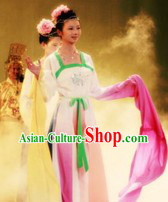 Ancient Chinese Long Water Sleeves Lotus Dance Costumes and Hair Accessories for Women