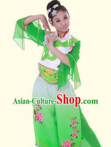 Traditional Chinese Green Fan Dance Costumes and Headpieces for Women