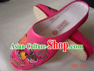 Traditional Chinese Handmade Pink Cotton Slippers with Thick Cotton Sole