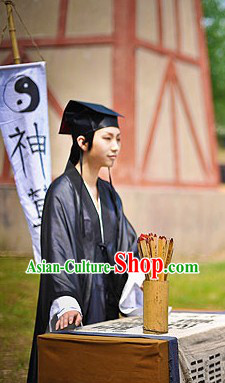 Black Ancient Chinese Fortuneteller Costumes and Hat Complete Set for Men