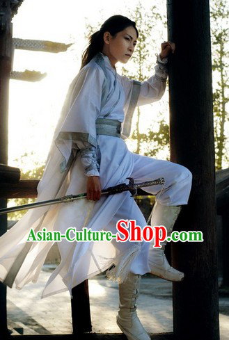 Pure White Asian Swordsman Costumes Complete Set for Men