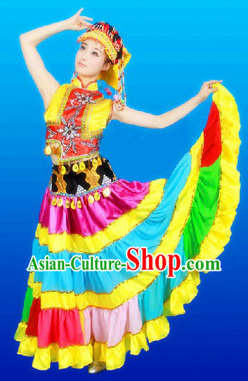 Traditional Chinese Yi Ethnic Clothing and Hat Complete Set for Women