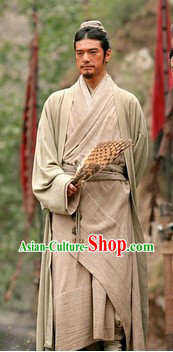 Ancient Chinese Wise Zhu Ge Liang Costume and Feather Fan for Men