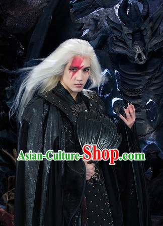 Black Ancient Chinese White Fox Film Swordsman Costumes and Fan Complete Set