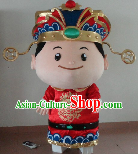 Traditional Chinese Red Cai Shen Suits and Hat Complete Set