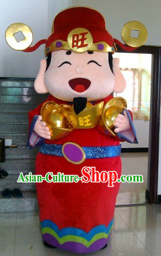 Traditional Chinese Red Cai Shen Money Denity Outfit and Hat Complete Set