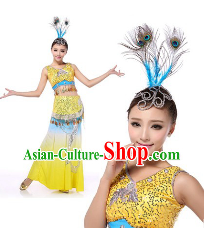 Professional Chinese Yunnan Peacock Dance Costumes and Headwear Complete Set for Women