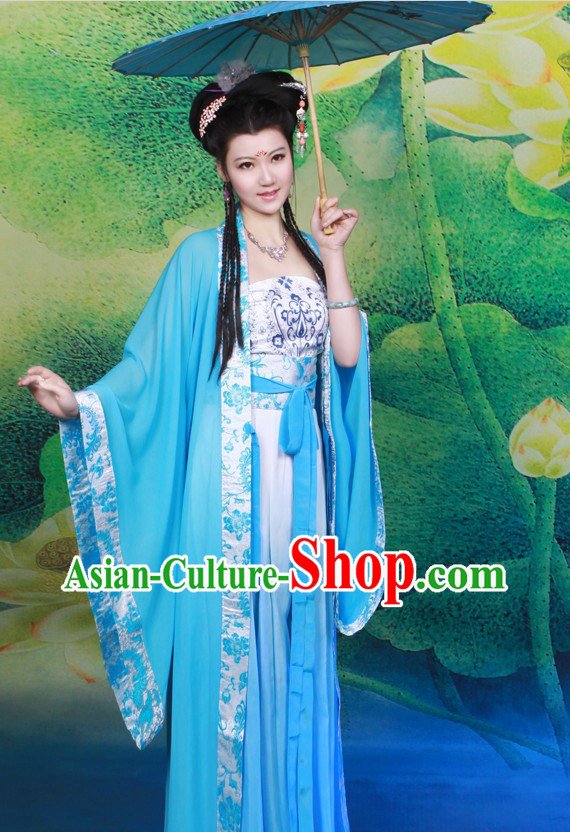 Ancient Chinese Tang Dynasty Blue Clothes for Women