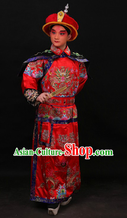 Red Chinese Embroidered Dragon Qian Long Costumes and Hat for Men