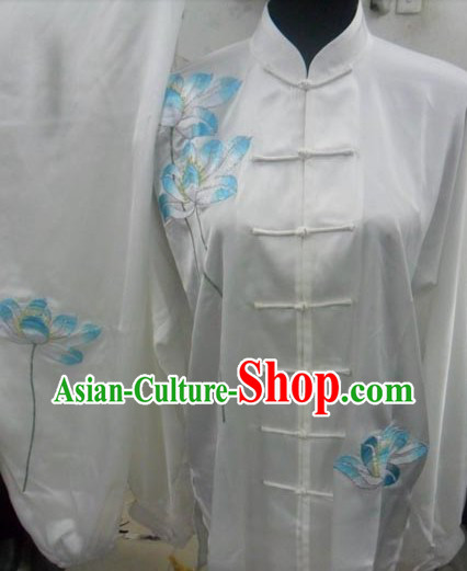 Traditional Chinese White Long Sleeves Lotus Kung Fu Uniform and Veil