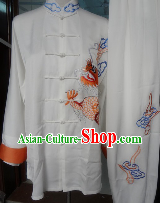 Traditional Chinese White Tai Chi Martial Arts Dragon Embroidery Clothing