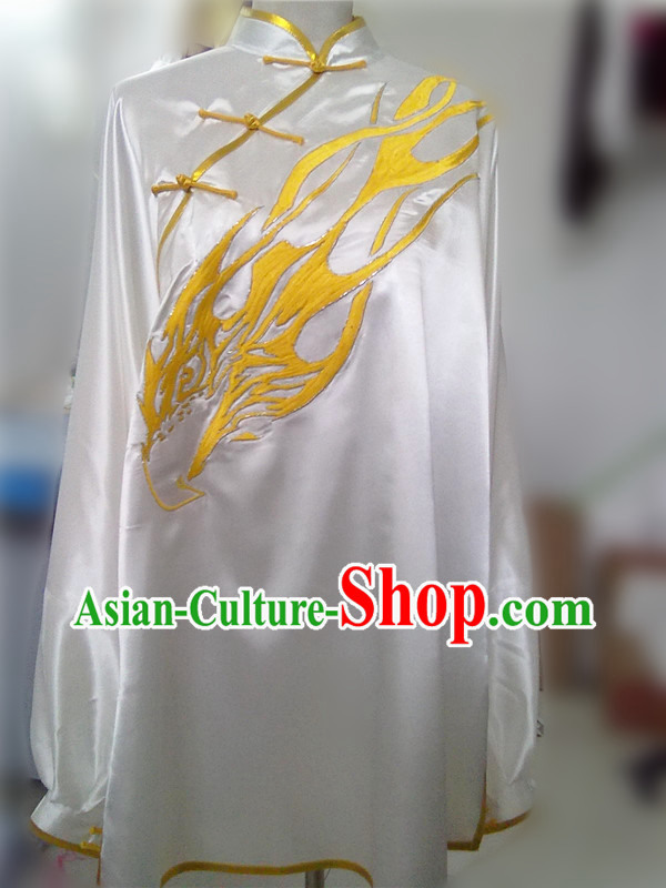 Traditional Chinese White Dragon Embroidery Martial Arts Contest Blouse and Pants
