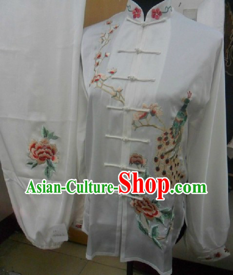 Traditional Chinese White Peacock Embroidery Martial Arts Competition Suit