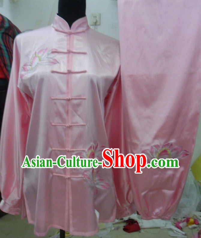 Pink Traditional Chinese Lotus Embroidery Long Sleeves Kung Fu Tai Chi Uniform