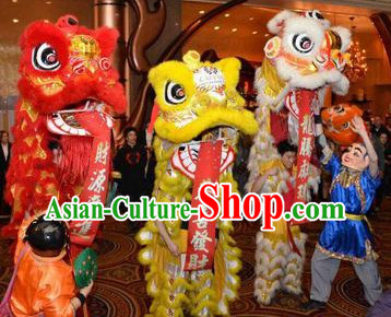 Red Golden and White Lion Dance Costumes Three Sets and Two Laughing Masks and Costumes Set