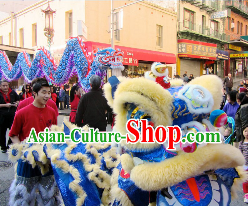 Blue Chinese Traditional Lion Dance and Dragon Dance Costumes Two Complete Sets