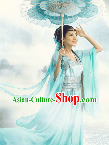 Ancient Chinese Blue Fairy Costumes and Umbrella