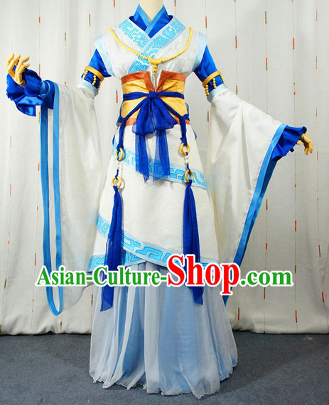 Ancient Chinese Blue and White Long Kui Fairy Cosplay Costumes Complete Set