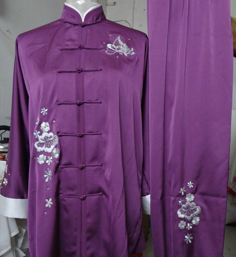 Traditional Chinese Purple Embroidered Flower Silk Kung Fu Tai Chi Uniform