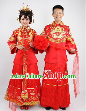 Traditional Chinese Mandarin Style Dragon and Phoenix Wedding Dresses for Brides and Bridegrooms