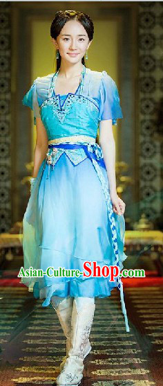 Ancient Chinese Style Blue Electronic Game Gu Jian Qi Tan Fairy Lady Costumes