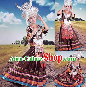 Traditional Chinese Miao Silver Hat Necklace and Clothing for Ladies