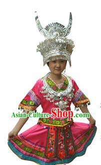 Traditional Chinese Miao Silver Hat Necklace and Outfit for Girls