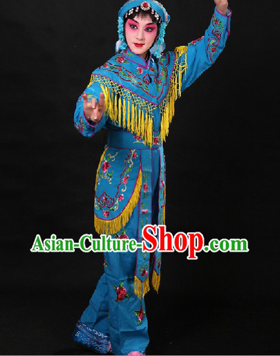 Blue Chinese Opera Female Warriors Heroines Costumes on the Stage