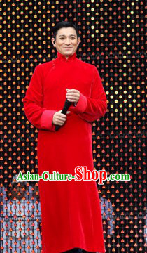 Chinese Lunar New Year Minguo Style Red Da Gua Mandarin Long Robe for Men