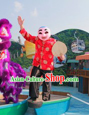 Happy Festival Celebration Laughing Mask, Red Blouse, Black Pants and Dance Fan Complete Set