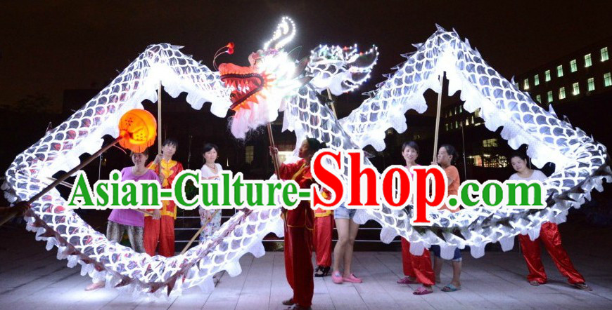 LED Lights Happy Festival Celebration Shinning Silver Dragon Dance Costumes Complete Set