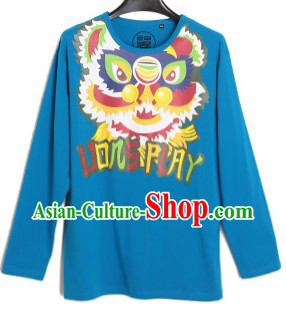 Blue Lion Dance Cotton T-shirt