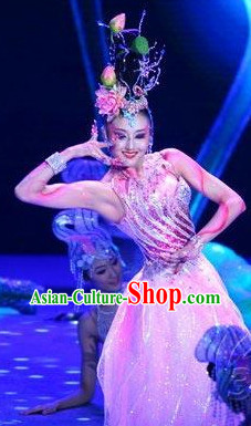 Asian Pink Lotus Dancing Costume and Headdress Complete Set for Women