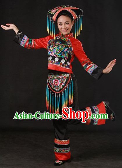Folk Miao People Uniform and Hat Complete Set for Girls