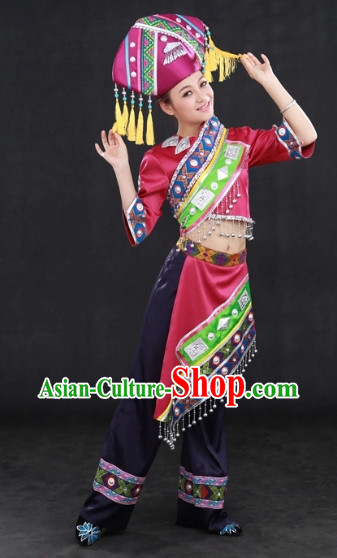 Zhuang Ethnic Minority Folk Rcital Costumes and Hat Complete Set