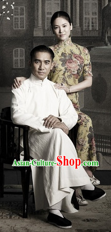 The Grandmaster Long White Mandarin Collar Flax Robe
