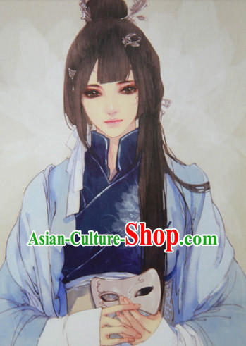 Chinese Traditional Black Guzhuang Hanfu Wig and Hair Accessories for Girls