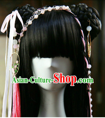 Chinese Traditional Black Cosplay Hanfu Wig and Hair Accessories for Girls