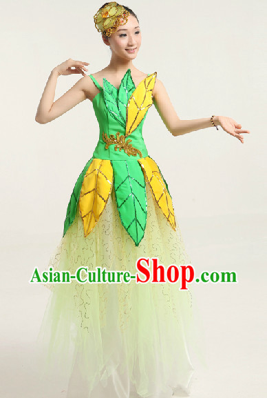Enchanting Effect Leaf Dance Costume and Headwear Complete Set for Girls