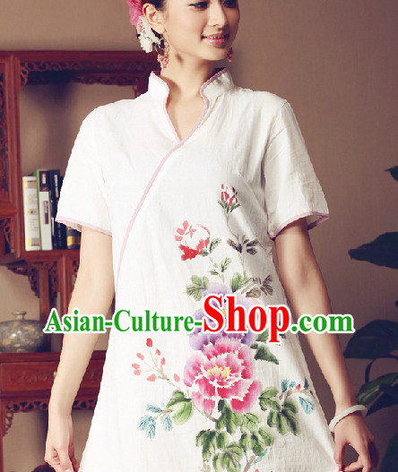 Hands Painted Peony Mandarin Traditional Garment for Women