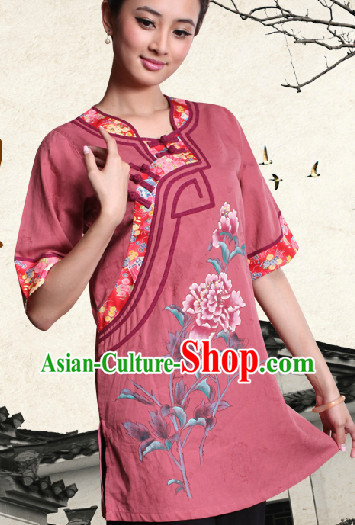 Hands Painted Peony Mandarin Traditional Long Shirt for Women