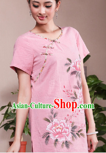 Hands Painted Mandarin Traditional Long Shirt for Women