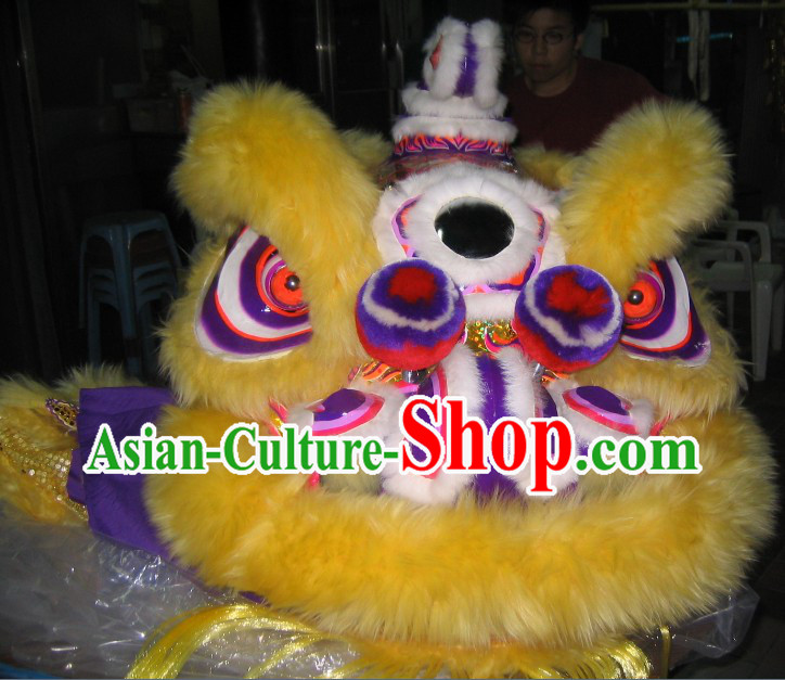 Yellow Wool Traditional Chinese Hok San Lion Dance Costumes Complete Set