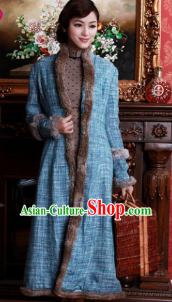 Chinese Old Shanghai Style Long Fur Jacket for Women